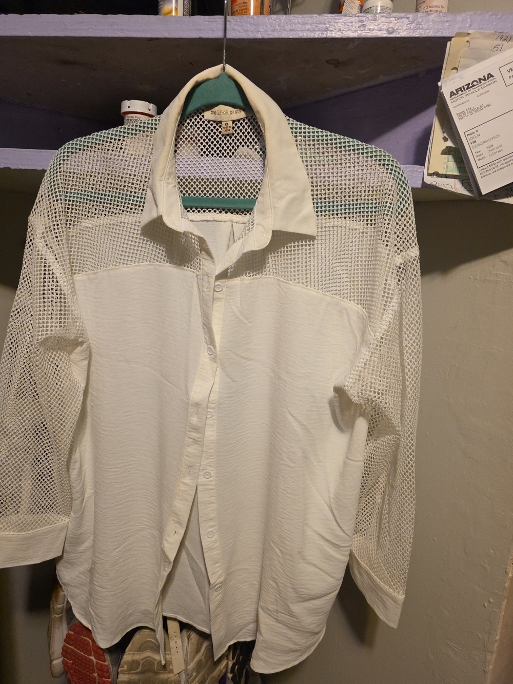 White Mesh Panel Womens Button-Up Shirt